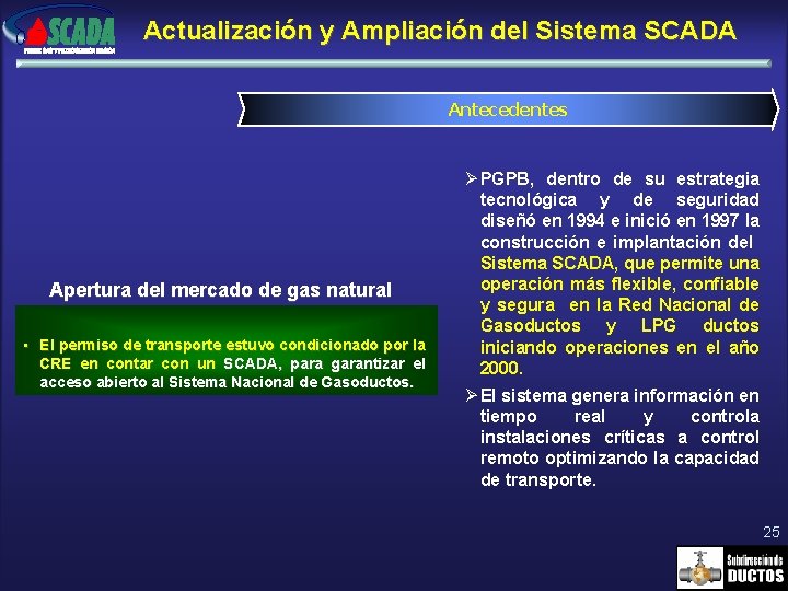 Actualización y Ampliación del Sistema SCADA Antecedentes Apertura del mercado de gas natural •