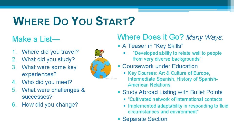 WHERE DO YOU START? Make a List— 1. Where did you travel? 2. What WHERE DO YOU START? Make a List— 1. Where did you travel? 2. What