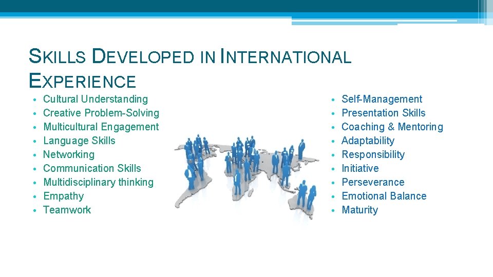 SKILLS DEVELOPED IN INTERNATIONAL EXPERIENCE • • • Cultural Understanding Creative Problem-Solving Multicultural Engagement SKILLS DEVELOPED IN INTERNATIONAL EXPERIENCE • • • Cultural Understanding Creative Problem-Solving Multicultural Engagement