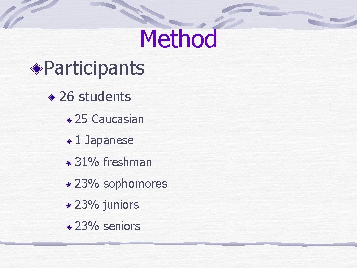 Method Participants 26 students 25 Caucasian 1 Japanese 31% freshman 23% sophomores 23% juniors Method Participants 26 students 25 Caucasian 1 Japanese 31% freshman 23% sophomores 23% juniors