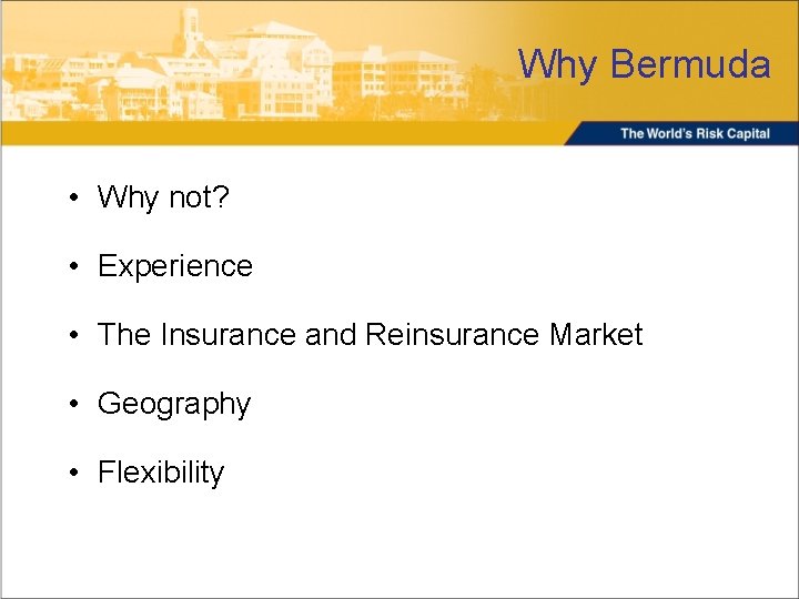 Why Bermuda • Why not? • Experience • The Insurance and Reinsurance Market •