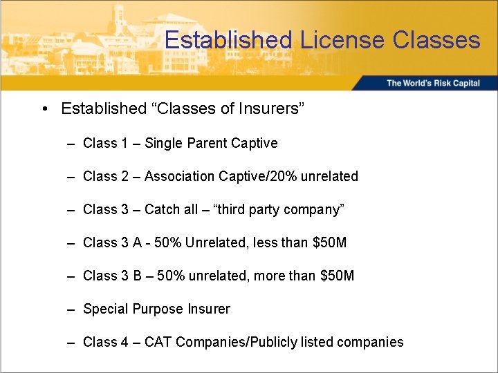 Established License Classes • Established “Classes of Insurers” – Class 1 – Single Parent