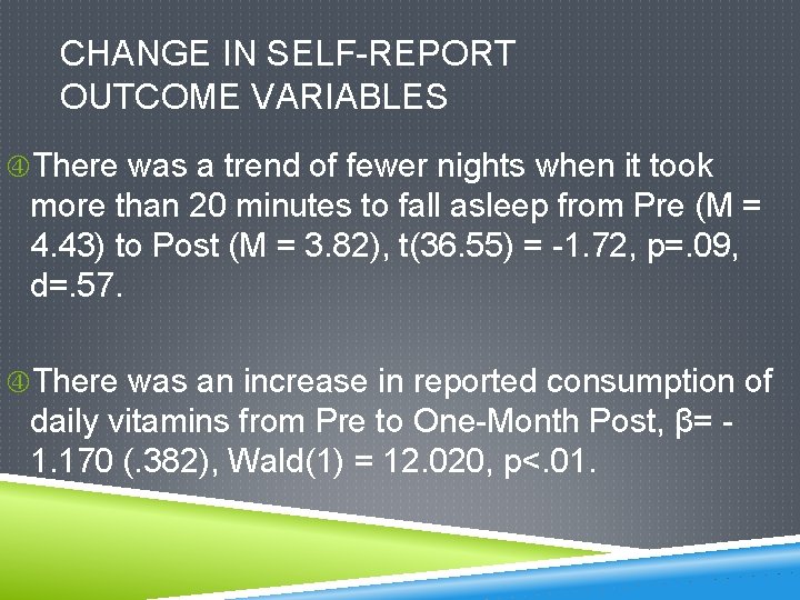 CHANGE IN SELF-REPORT OUTCOME VARIABLES There was a trend of fewer nights when it