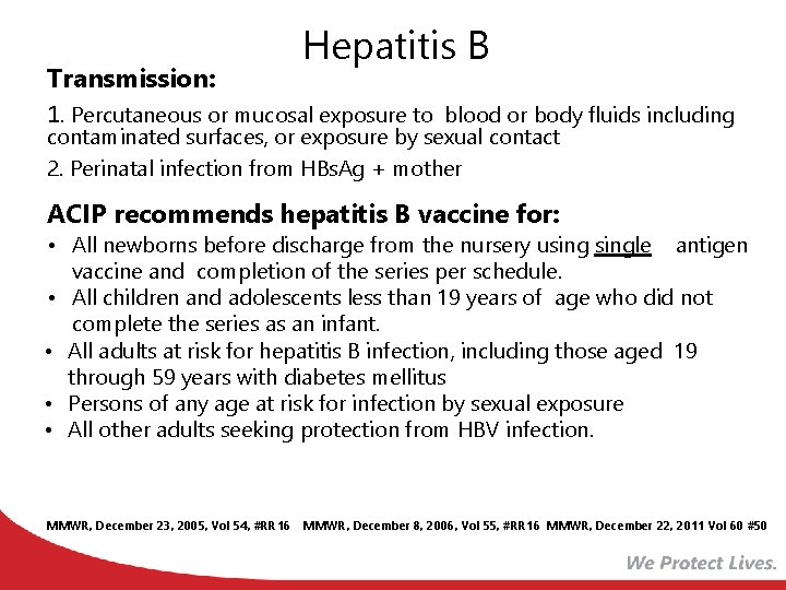 Hepatitis B Transmission: 1. Percutaneous or mucosal exposure to blood or body fluids including