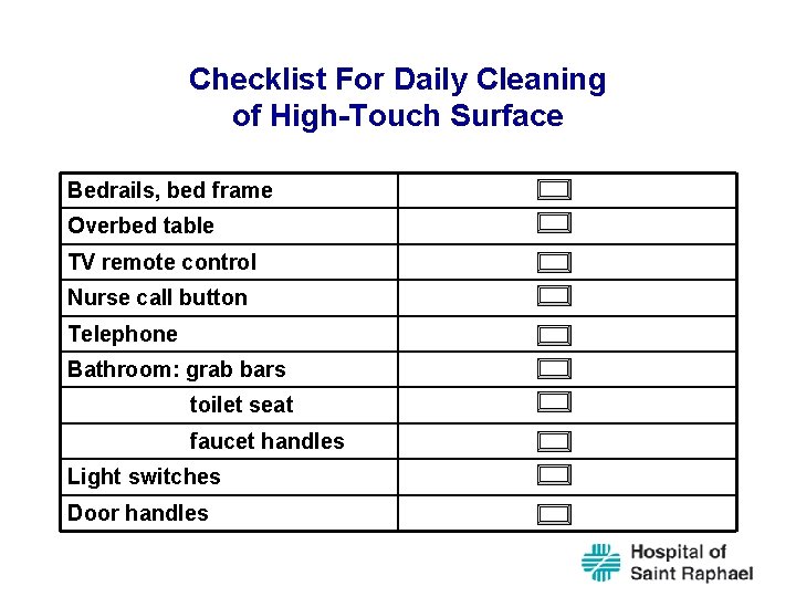 Checklist For Daily Cleaning of High-Touch Surface Bedrails, bed frame Overbed table TV remote
