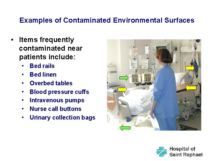 Examples of Contaminated Environmental Surfaces • Items frequently contaminated near patients include: • •
