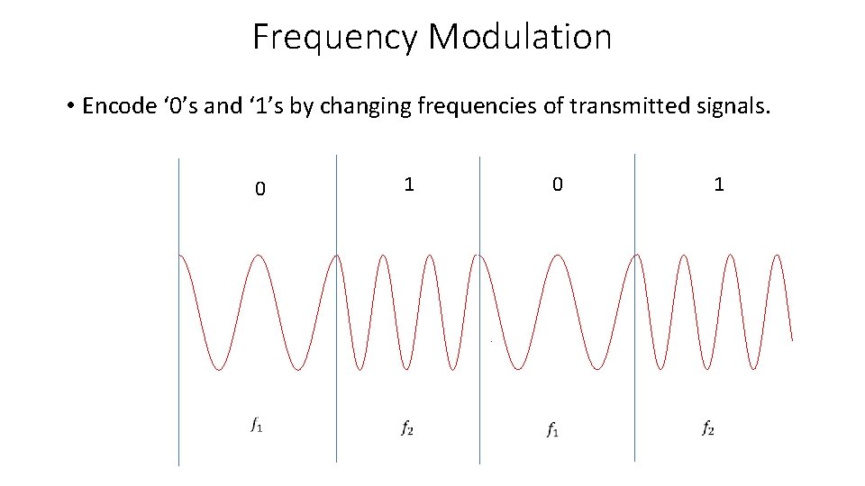 Frequency Modulation • Encode ‘ 0’s and ‘ 1’s by changing frequencies of transmitted