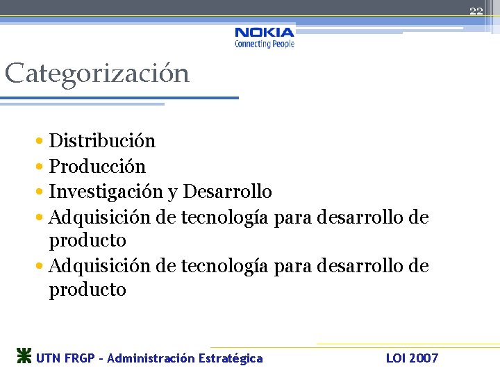 22 Categorización • Distribución • Producción • Investigación y Desarrollo • Adquisición de tecnología