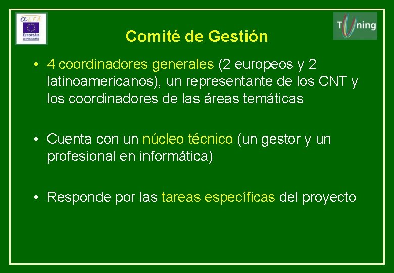 Comité de Gestión • 4 coordinadores generales (2 europeos y 2 latinoamericanos), un representante