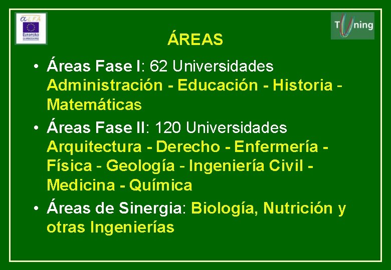 ÁREAS • Áreas Fase I: 62 Universidades Administración - Educación - Historia Matemáticas •