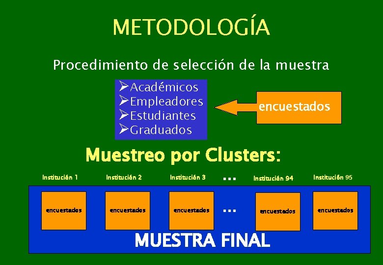 METODOLOGÍA Procedimiento de selección de la muestra ØAcadémicos ØEmpleadores ØEstudiantes ØGraduados Institución 1 encuestados