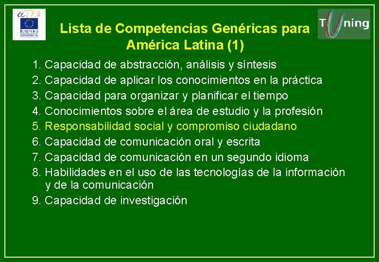 Lista de Competencias Genéricas para América Latina (1) 1. Capacidad de abstracción, análisis y