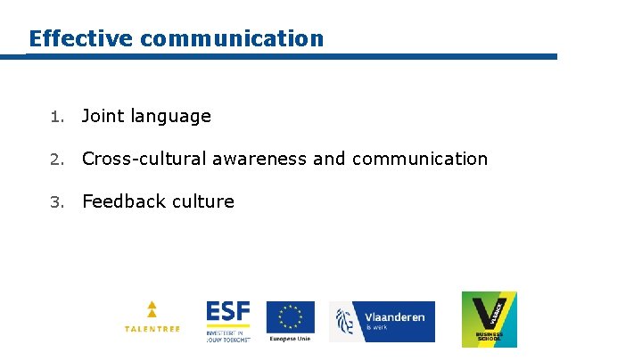 Effective communication 1. Joint language 2. Cross-cultural awareness and communication 3. Feedback culture 