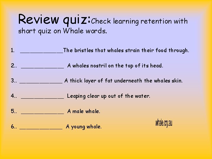 Review quiz: Check learning retention with short quiz on Whale words. 1. _______The bristles