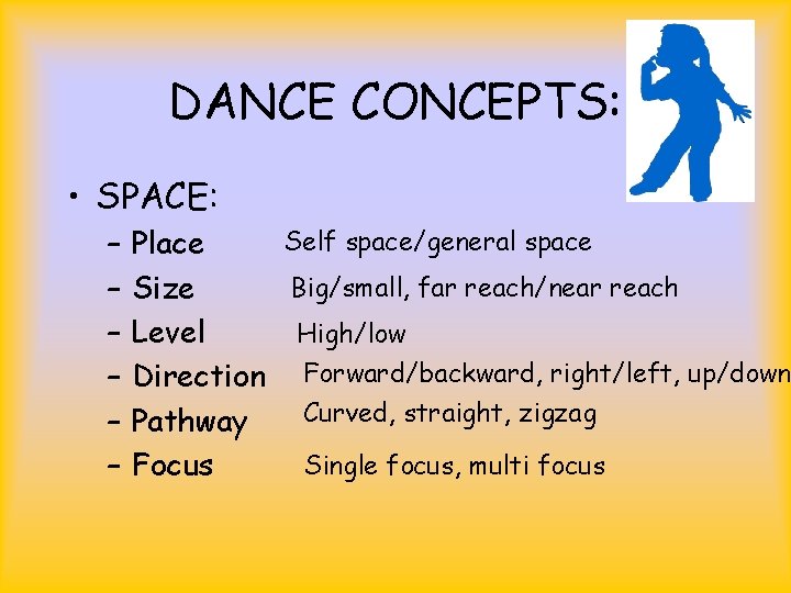 DANCE CONCEPTS: • SPACE: – – – Self space/general space Place Big/small, far reach/near