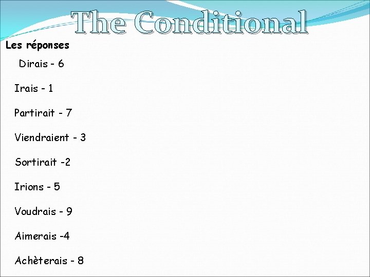 Les réponses The Conditional Dirais - 6 Irais - 1 Partirait - 7 Viendraient