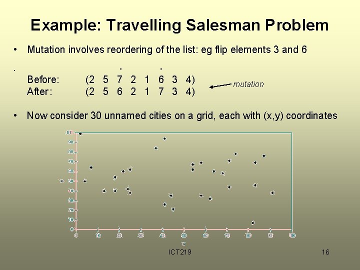 Example: Travelling Salesman Problem • Mutation involves reordering of the list: eg flip elements