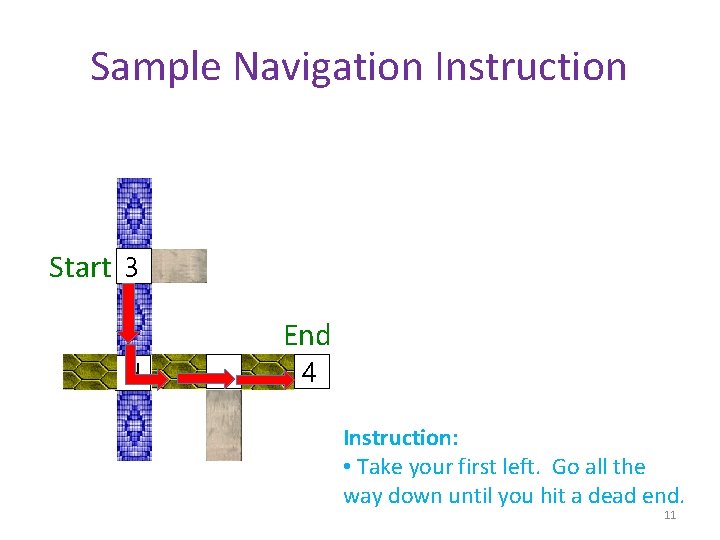 Sample Navigation Instruction Start 3 H End 4 Instruction: • Take your first left.