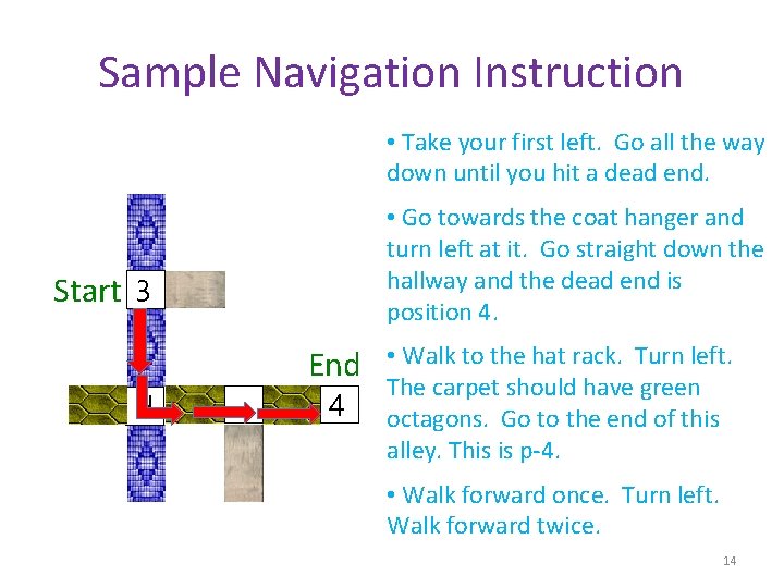 Sample Navigation Instruction • Take your first left. Go all the way down until