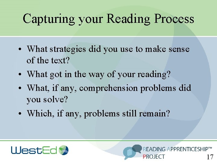 Capturing your Reading Process • What strategies did you use to make sense of