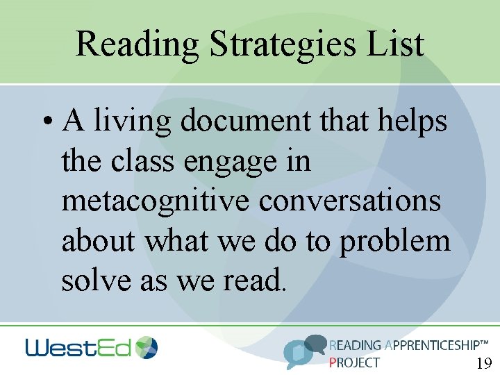 Reading Strategies List • A living document that helps the class engage in metacognitive