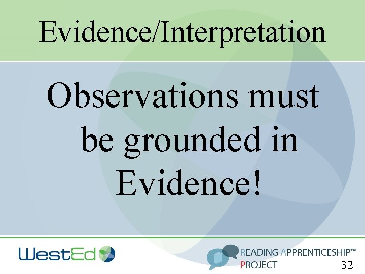 Evidence/Interpretation Observations must be grounded in Evidence! 32 