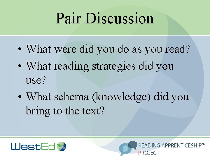 Pair Discussion • What were did you do as you read? • What reading