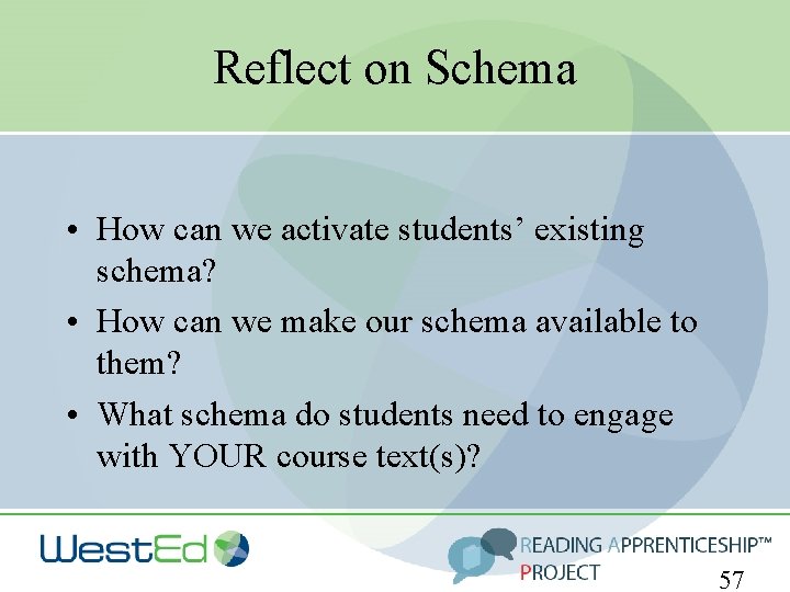 Reflect on Schema • How can we activate students’ existing schema? • How can