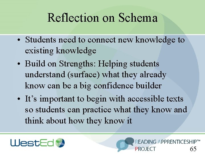 Reflection on Schema • Students need to connect new knowledge to existing knowledge •