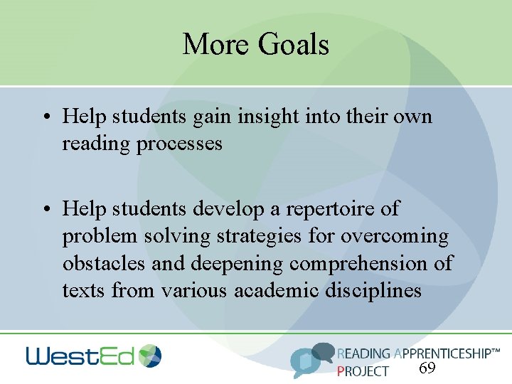 More Goals • Help students gain insight into their own reading processes • Help