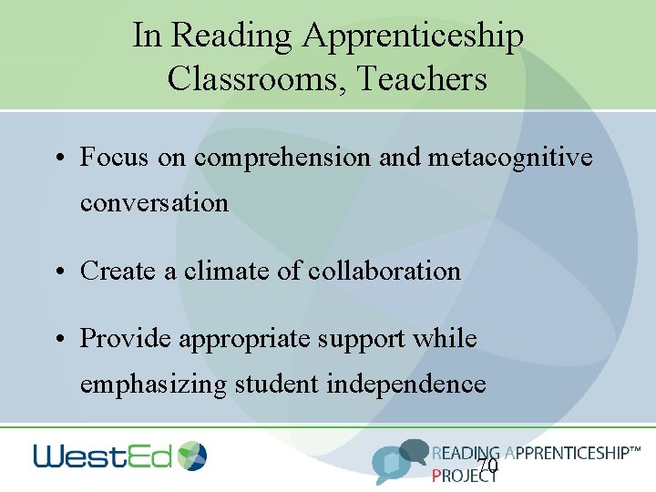 In Reading Apprenticeship Classrooms, Teachers • Focus on comprehension and metacognitive conversation • Create