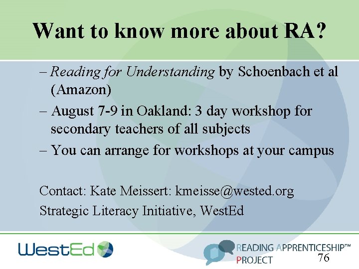 Want to know more about RA? – Reading for Understanding by Schoenbach et al