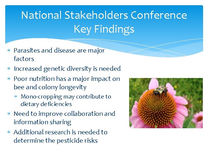 National Stakeholders Conference Key Findings Parasites and disease are major factors Increased genetic diversity