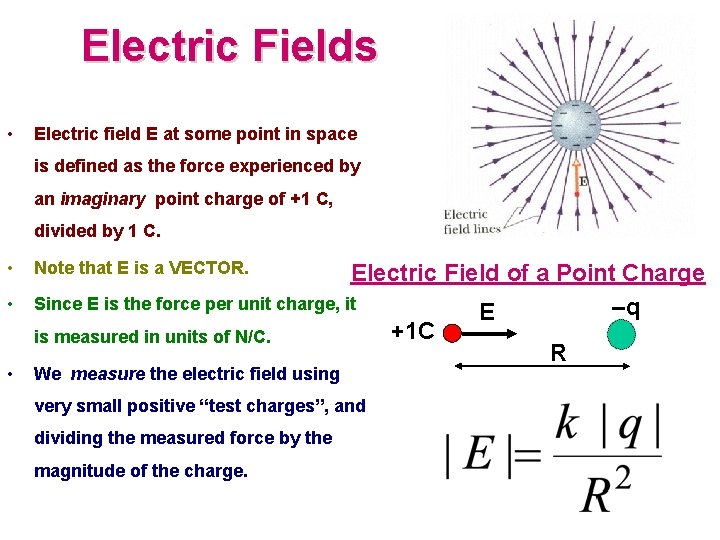 Electric Fields • Electric field E at some point in space is defined as