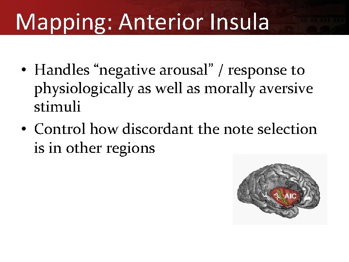 Mapping: Anterior Insula • Handles “negative arousal” / response to physiologically as well as