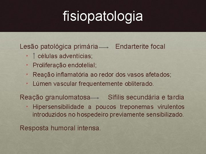 fisiopatologia Lesão patológica primária Endarterite focal • células adventícias; • Proliferação endotelial; • Reação