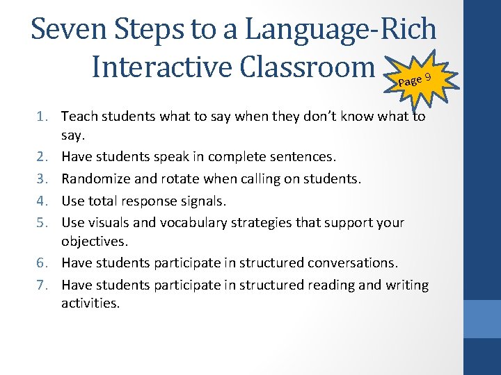 Seven Steps to a Language-Rich Interactive Classroom 9 Page 1. Teach students what to