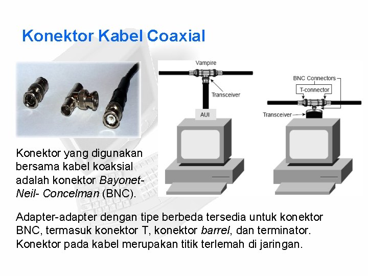 Konektor Kabel Coaxial Konektor yang digunakan bersama kabel koaksial adalah konektor Bayonet. Neil- Concelman
