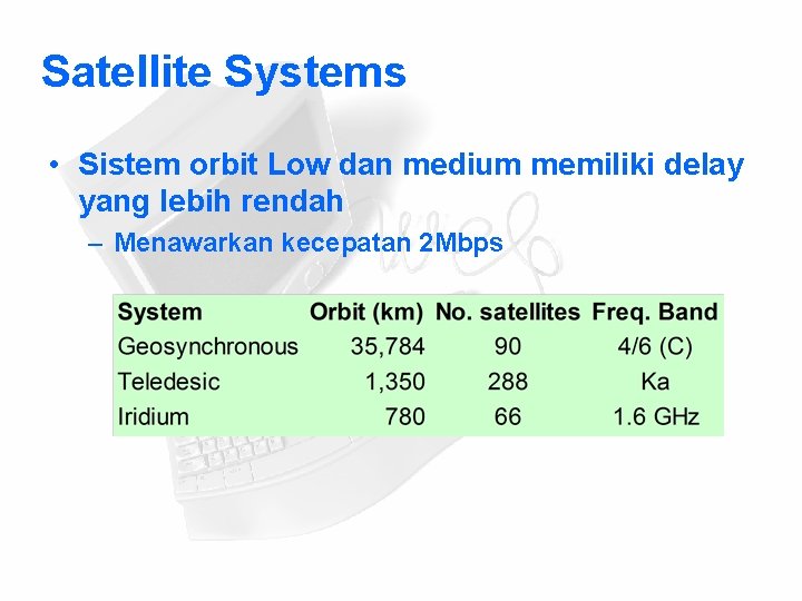 Satellite Systems • Sistem orbit Low dan medium memiliki delay yang lebih rendah –