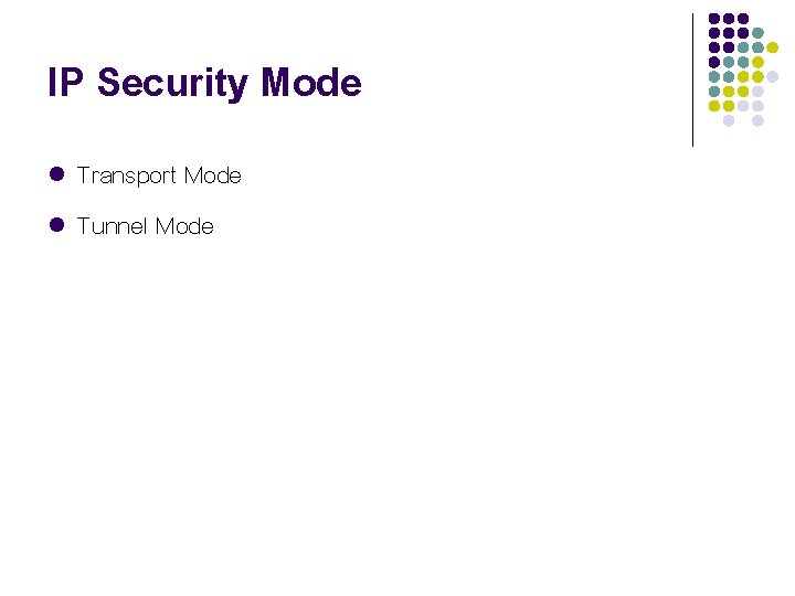 IP Security Mode l l Transport Mode Tunnel Mode 