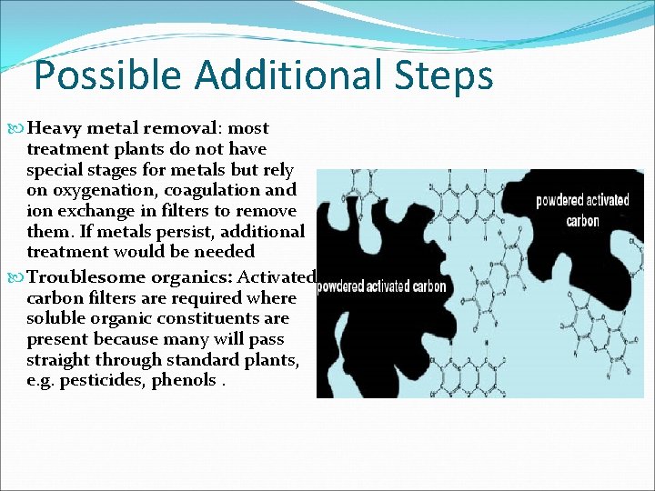 Possible Additional Steps Heavy metal removal: most treatment plants do not have special stages