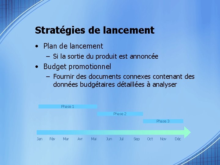 Stratégies de lancement • Plan de lancement – Si la sortie du produit est