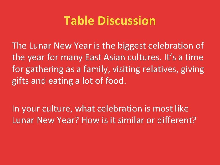 Table Discussion The Lunar New Year is the biggest celebration of the year for