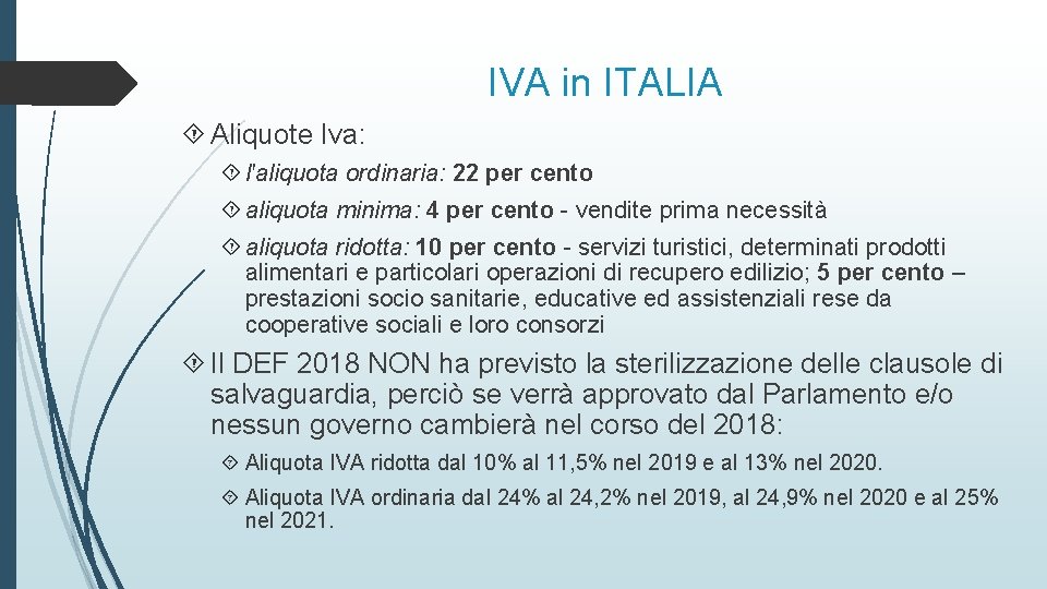 IVA in ITALIA Aliquote Iva: l'aliquota ordinaria: 22 per cento aliquota minima: 4 per