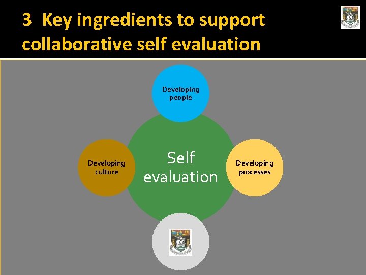 3 Key ingredients to support collaborative self evaluation Developing people Developing culture Self evaluation 3 Key ingredients to support collaborative self evaluation Developing people Developing culture Self evaluation