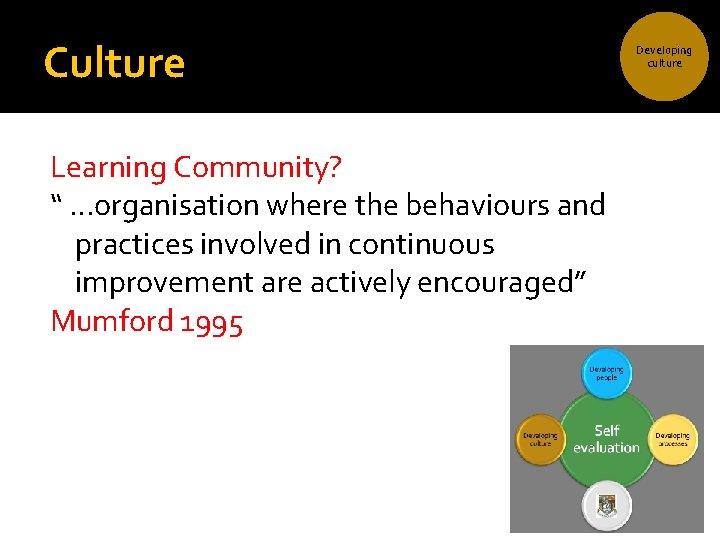 Culture Learning Community? “ …organisation where the behaviours and practices involved in continuous improvement Culture Learning Community? “ …organisation where the behaviours and practices involved in continuous improvement