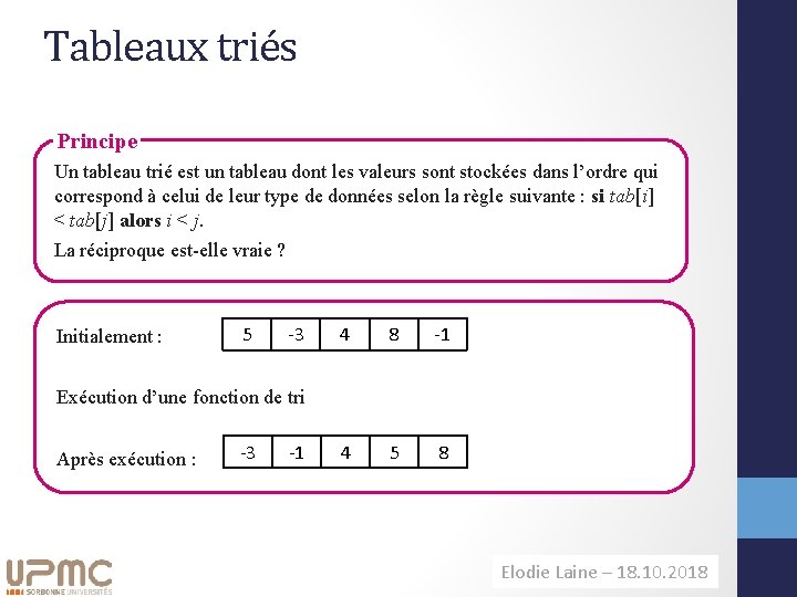 Tableaux triés Principe Un tableau trié est un tableau dont les valeurs sont stockées