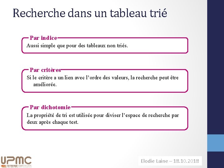 Recherche dans un tableau trié Par indice Aussi simple que pour des tableaux non