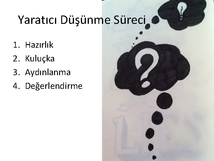 Yaratıcı Düşünme Süreci 1. 2. 3. 4. Hazırlık Kuluçka Aydınlanma Değerlendirme 