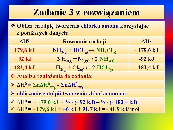 Zadanie 3 z rozwiązaniem v Oblicz entalpię tworzenia chlorku amonu korzystając z poniższych danych: